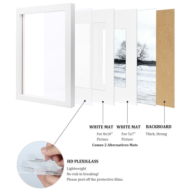 Egofine 11x14 Picture Frames Set of 4, Made of Solid Wood Covered by Plexiglass 5x7 and 8x10 with Mat or 11x14 without Mat, for Table Top Display and Wall Mounting Photo Frame White - Image 4